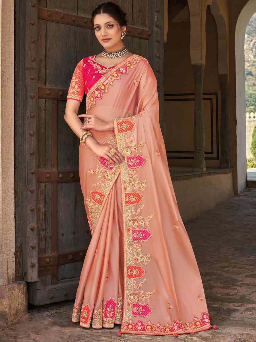 Peach Silk Embroidered Wedding Festival Heavy Border Saree