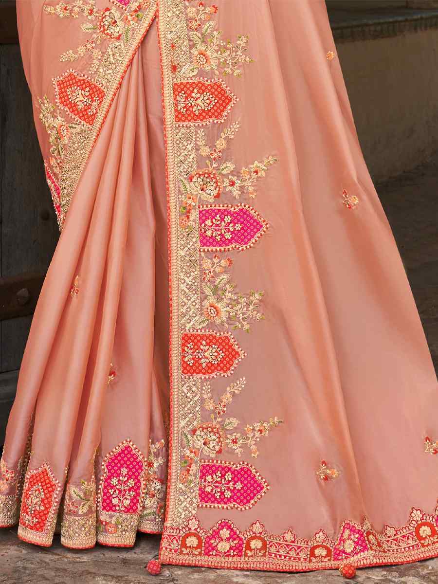 Peach Silk Embroidered Wedding Festival Heavy Border Saree