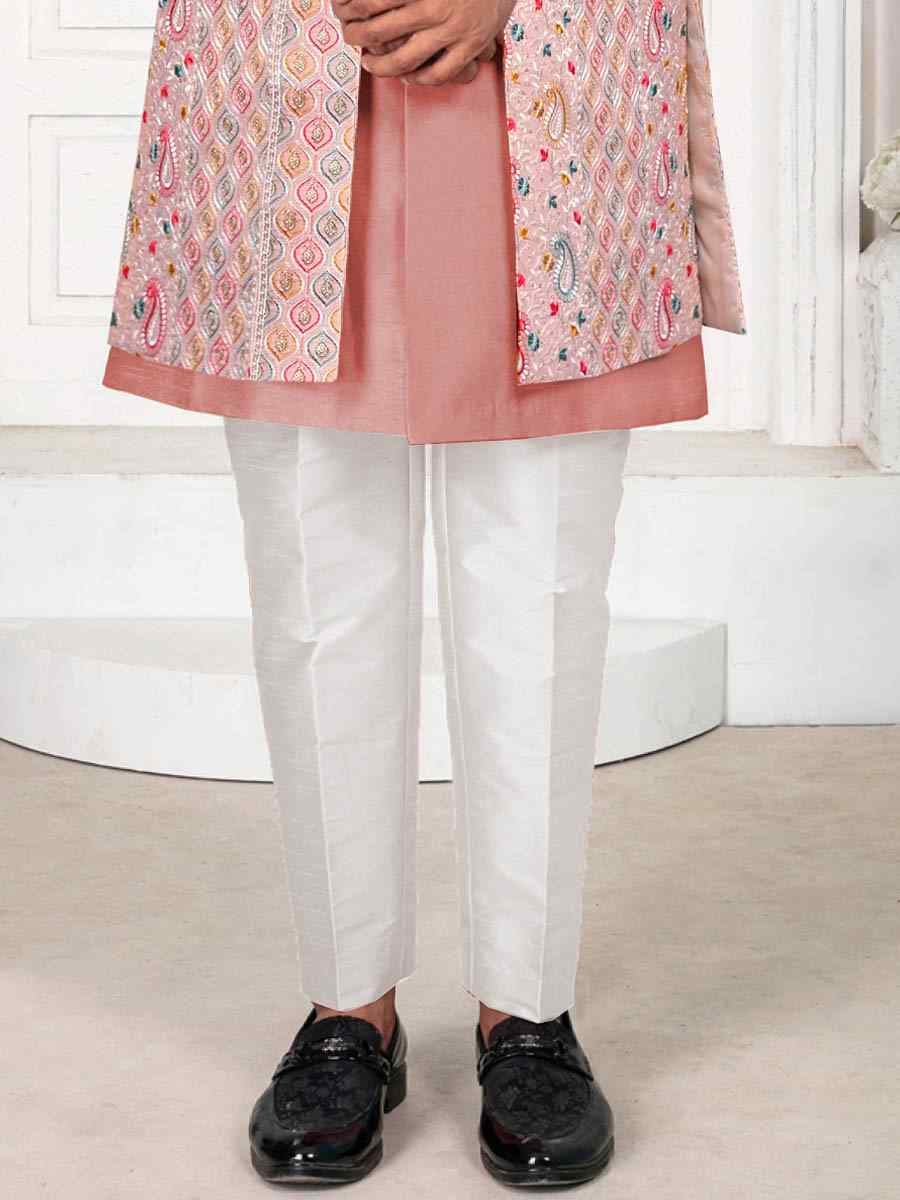 Peach Silk Embroidered Wedding Groom Sherwani