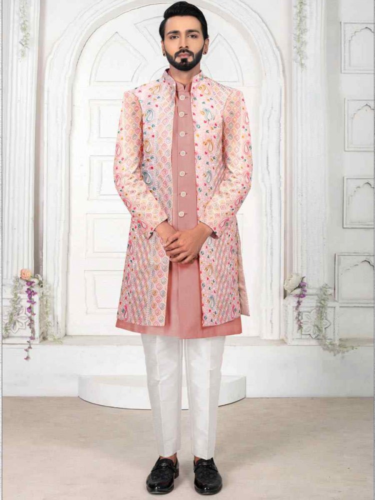 Peach Silk Embroidered Wedding Groom Sherwani