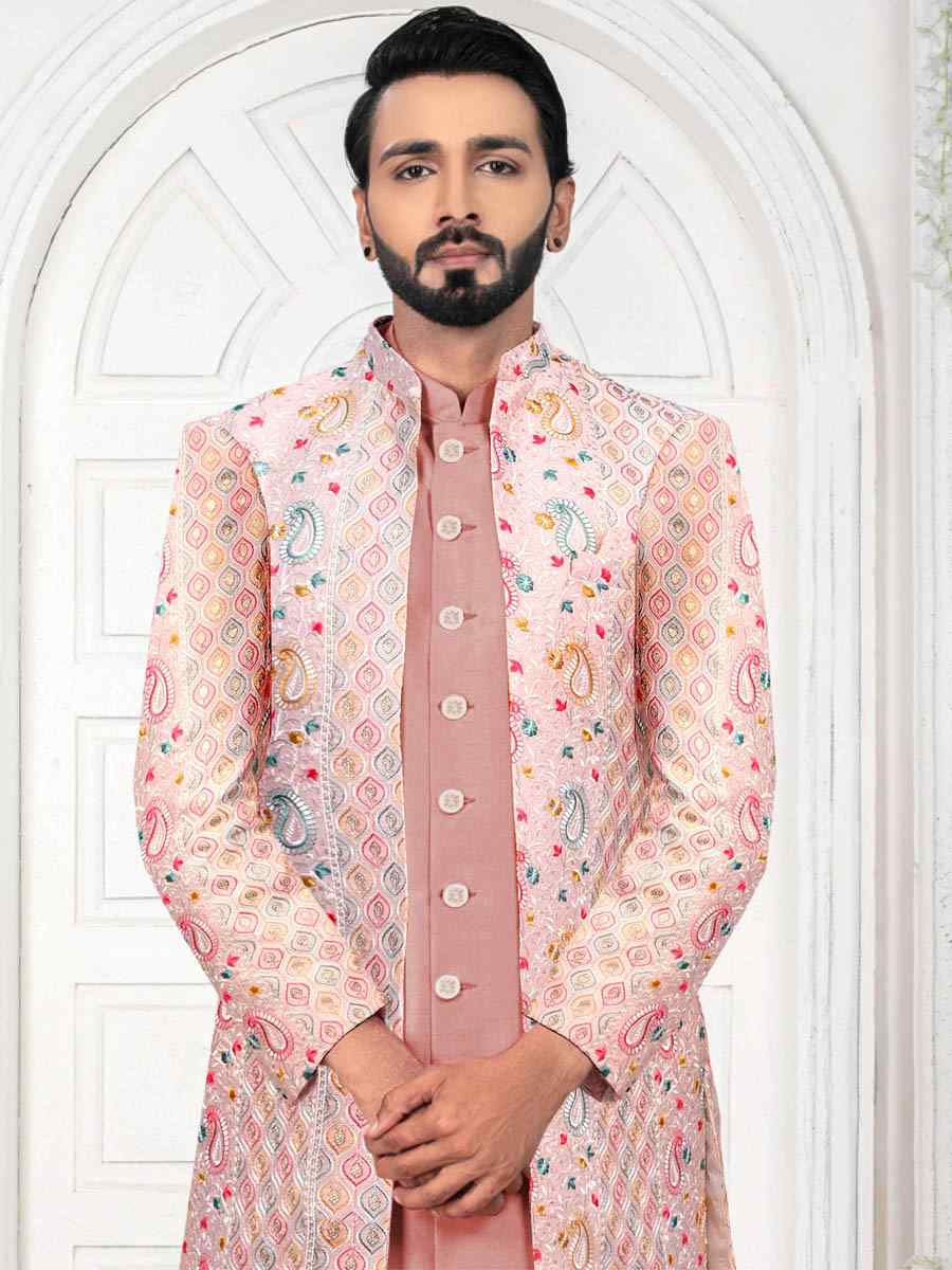 Peach Silk Embroidered Wedding Groom Sherwani