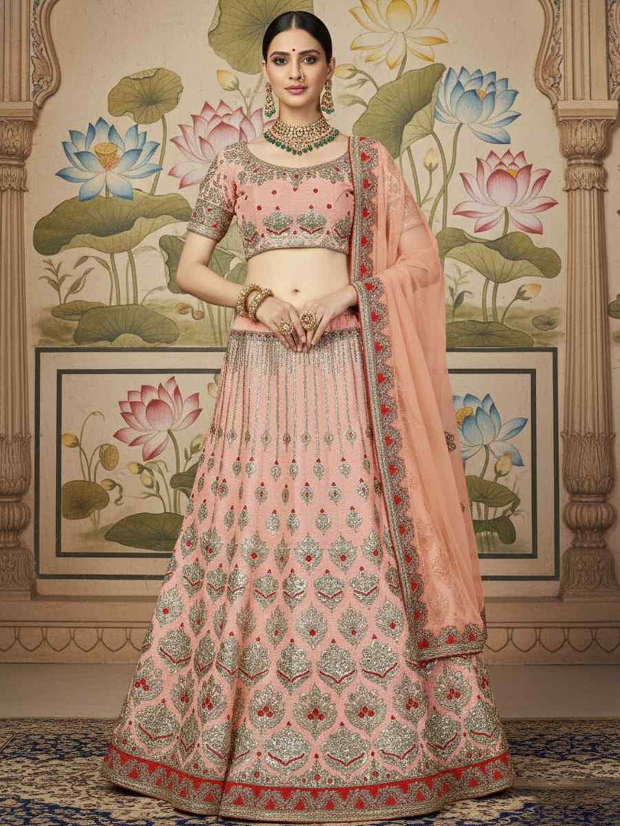 Peach Silk Embroidered Wedding Reception Festival Heavy Border Lehenga Choli