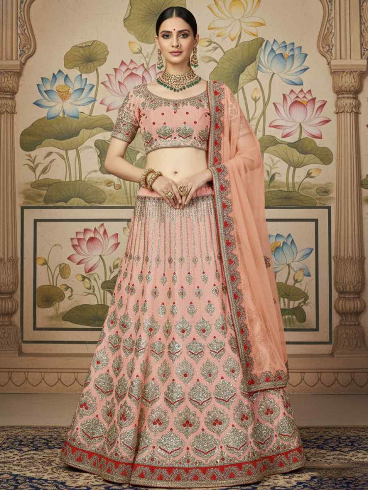 Image of Peach Silk Embroidered Wedding Reception Festival Heavy Border Lehenga Choli