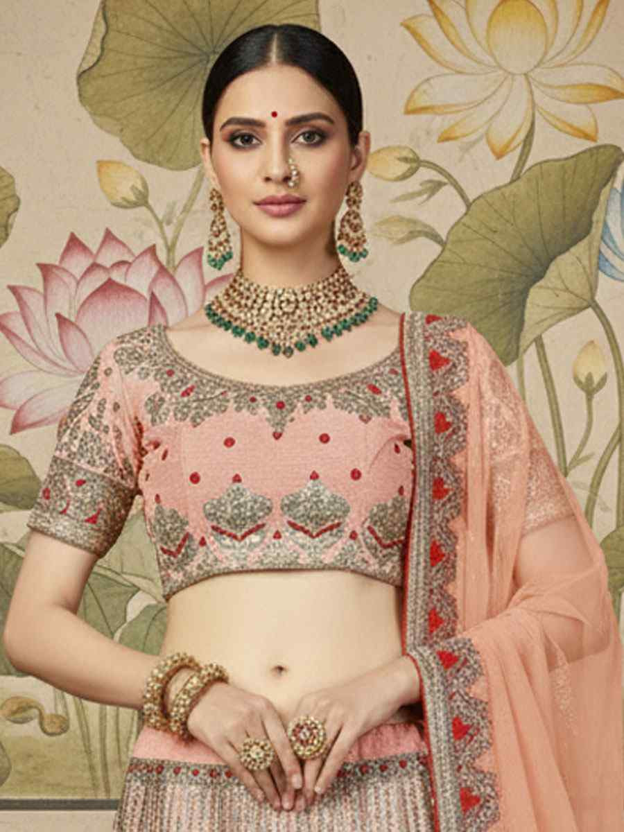 Peach Silk Embroidered Wedding Reception Festival Heavy Border Lehenga Choli