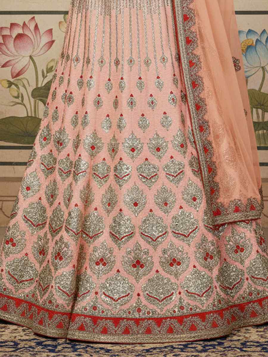 Peach Silk Embroidered Wedding Reception Festival Heavy Border Lehenga Choli