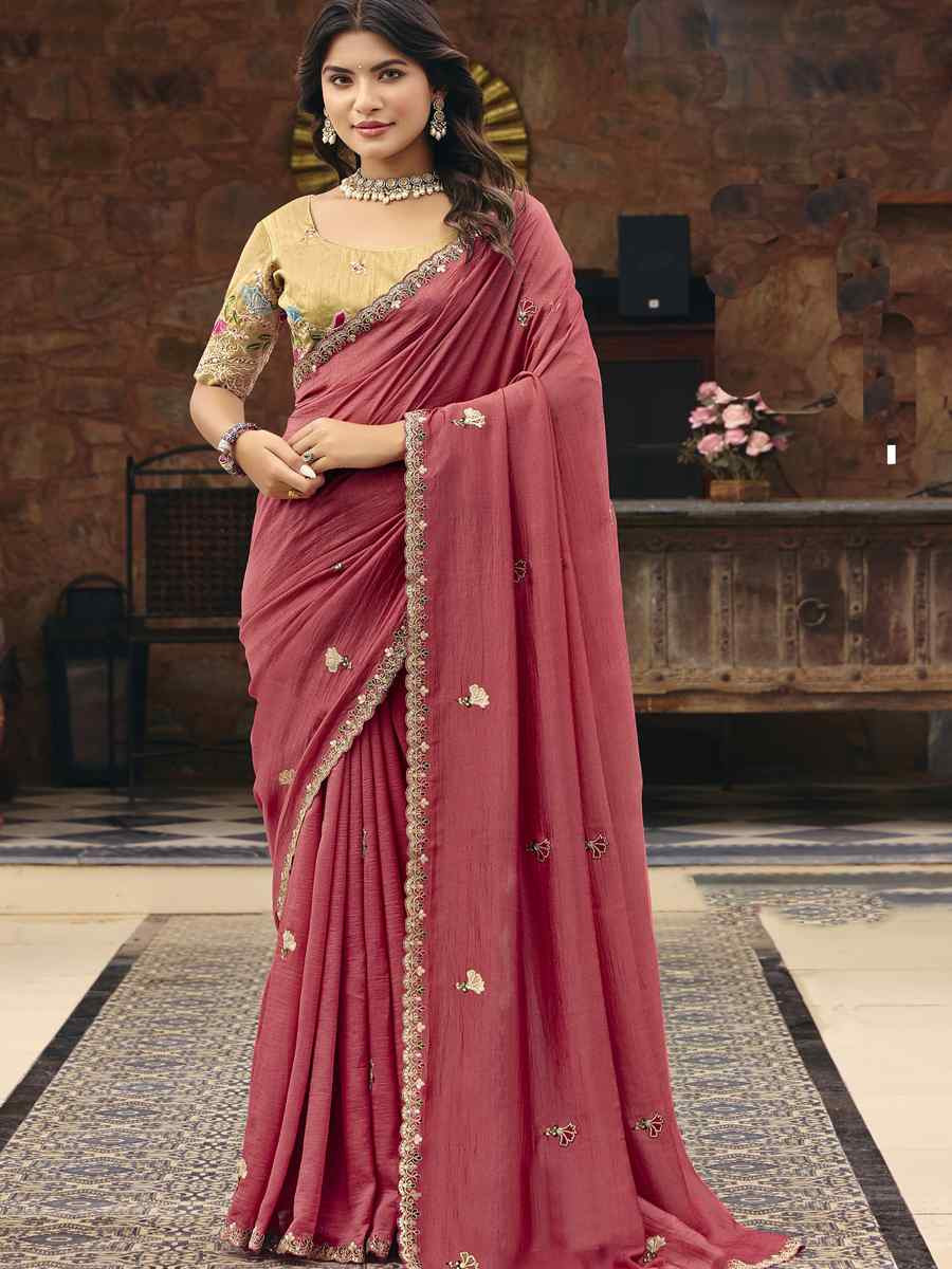 Peach Silk Embroidery Bridal Reception Festival Wedding Fancy Heavy Border Saree