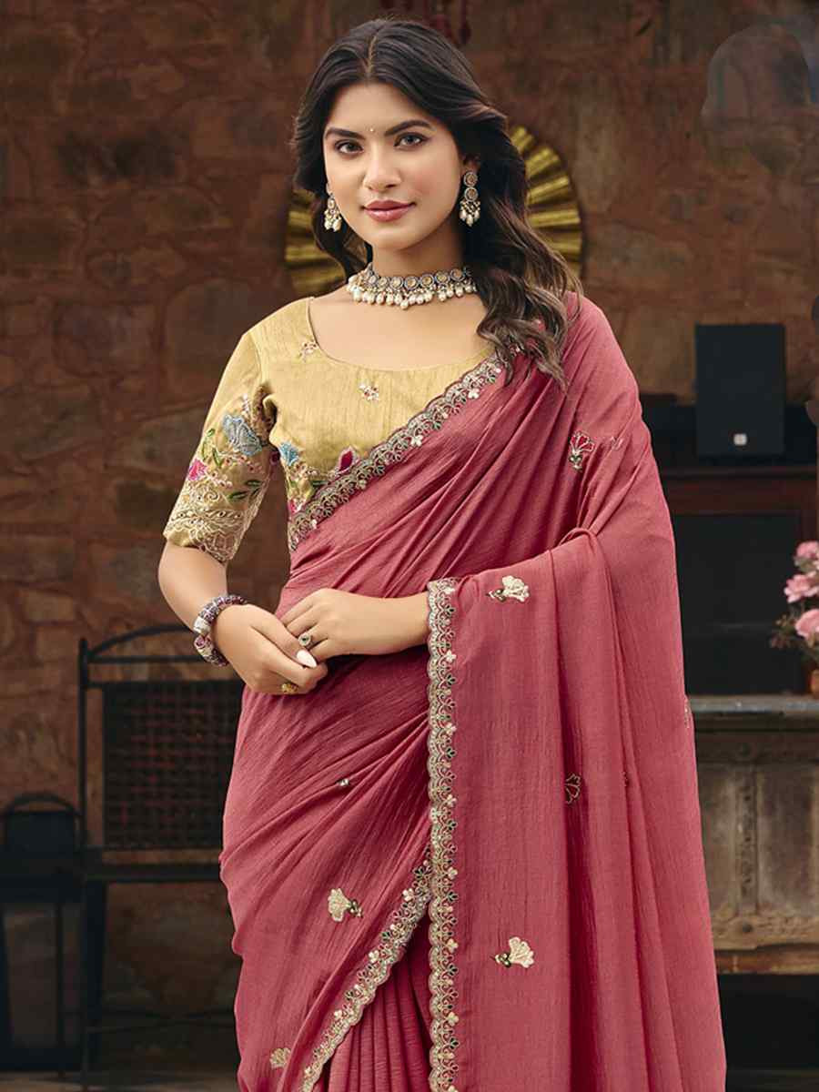 Peach Silk Embroidery Bridal Reception Festival Wedding Fancy Heavy Border Saree