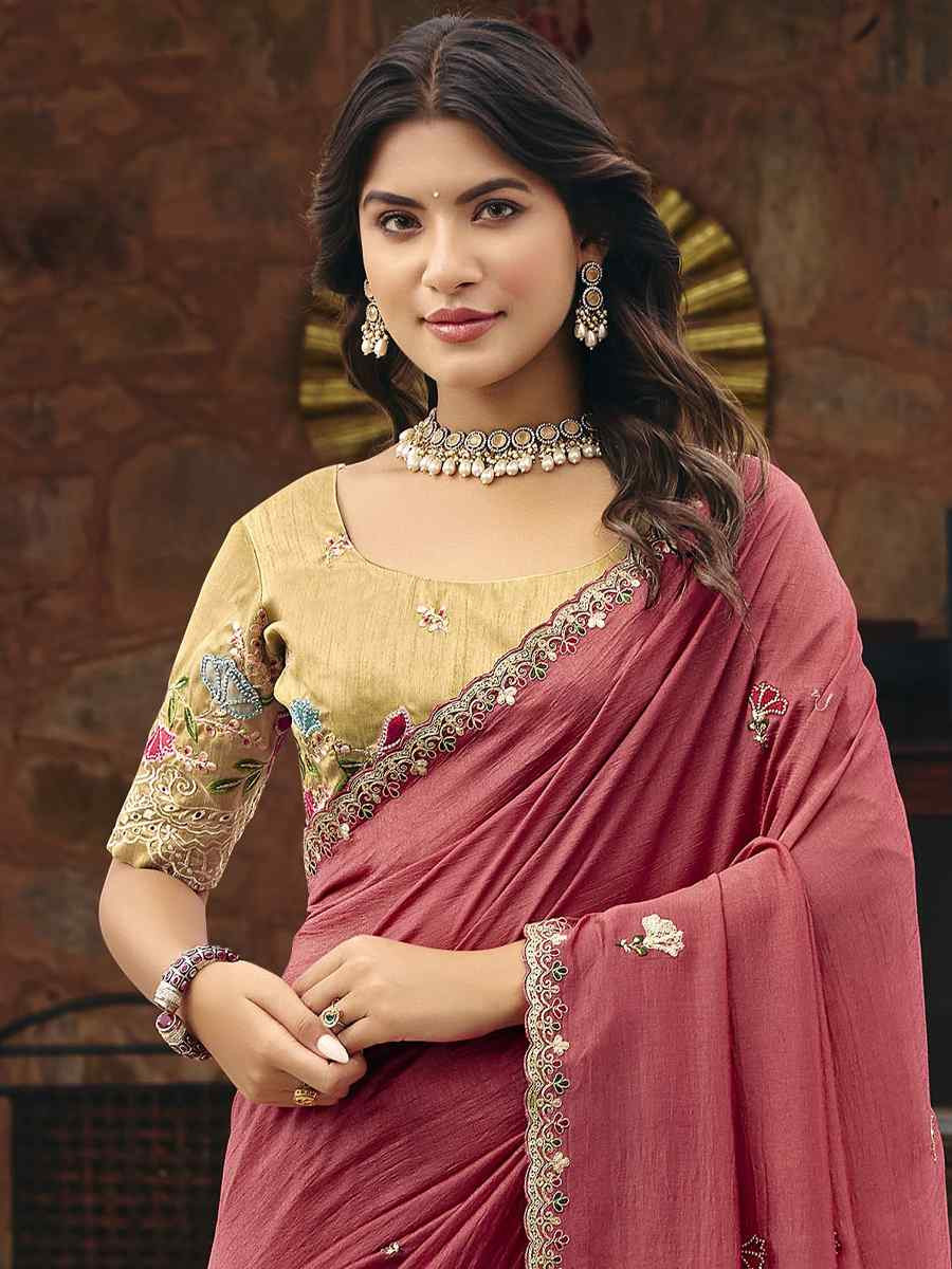 Peach Silk Embroidery Bridal Reception Festival Wedding Fancy Heavy Border Saree