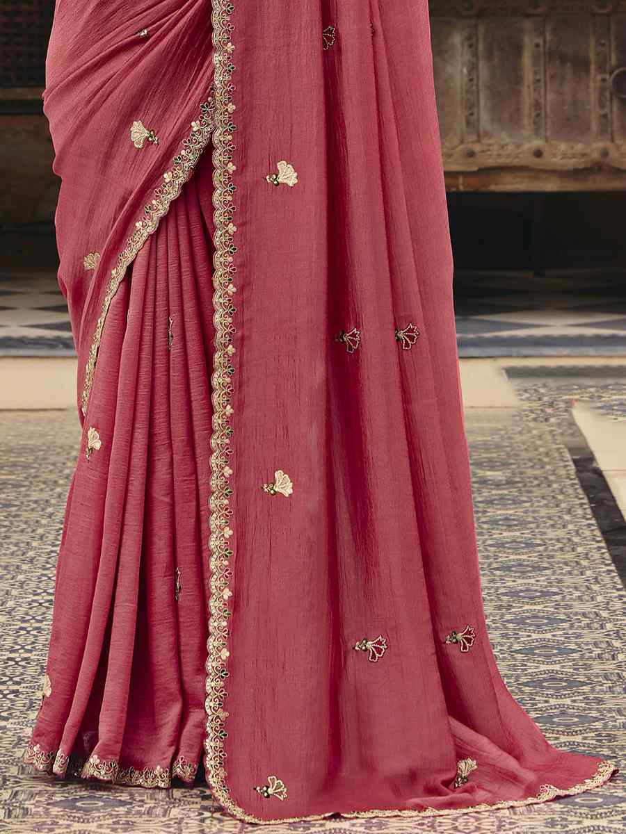 Peach Silk Embroidery Bridal Reception Festival Wedding Fancy Heavy Border Saree