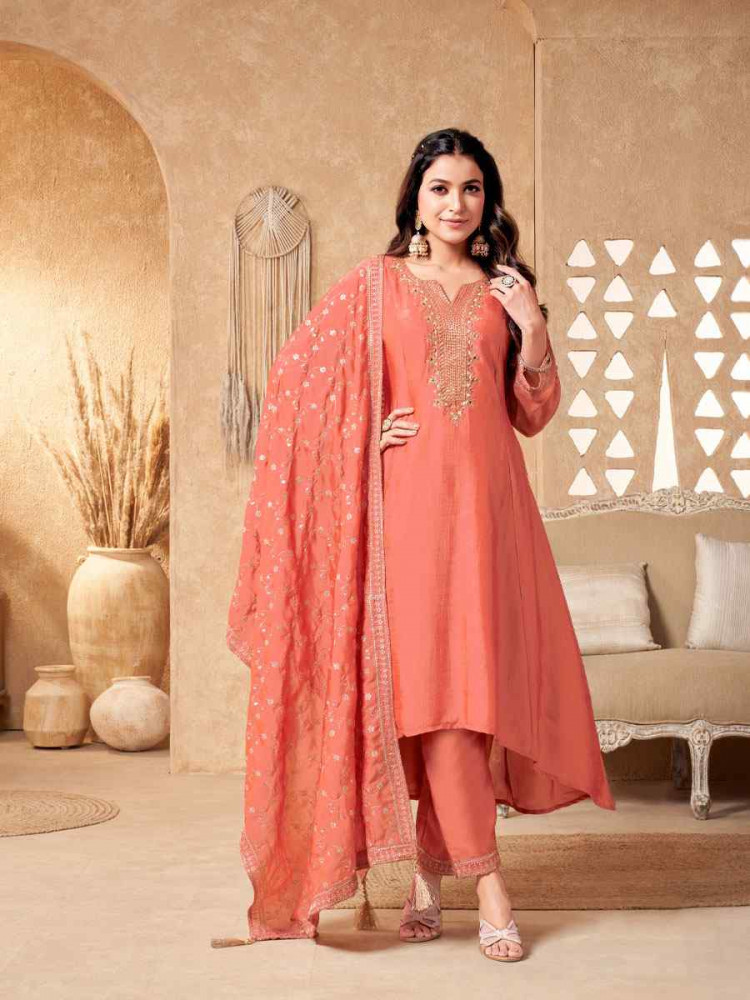 Image of Peach Silk Embroidery Party Wedding Festival Casual Ready Anarkali Salwar Kameez
