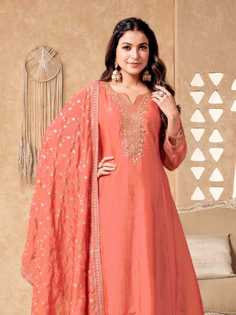 Peach Silk Embroidery Party Wedding Festival Casual Ready Anarkali Salwar Kameez