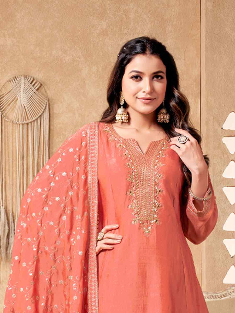 Peach Silk Embroidery Party Wedding Festival Casual Ready Anarkali Salwar Kameez