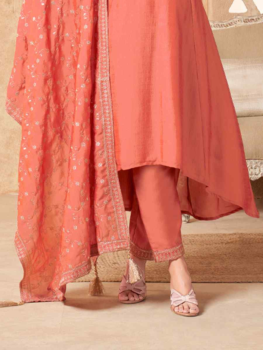 Peach Silk Embroidery Party Wedding Festival Casual Ready Anarkali Salwar Kameez