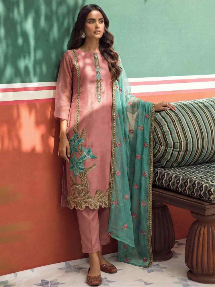 Image of Peach Silk Embroidery Party Wedding Festival Casual Ready Pant Salwar Kameez