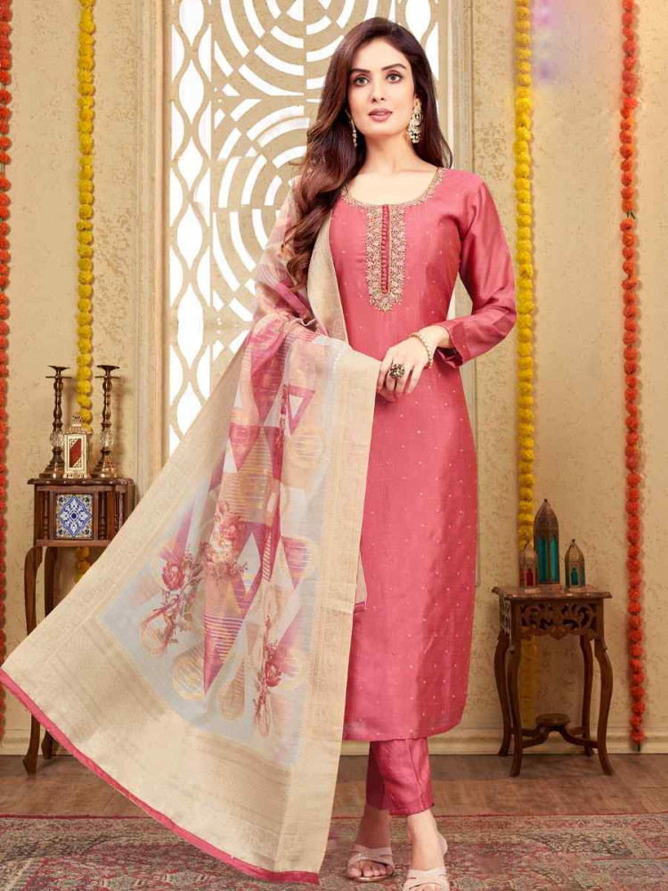 Image of Peach Silk Embroidery Party Wedding Festival Casual Ready Pant Salwar Kameez