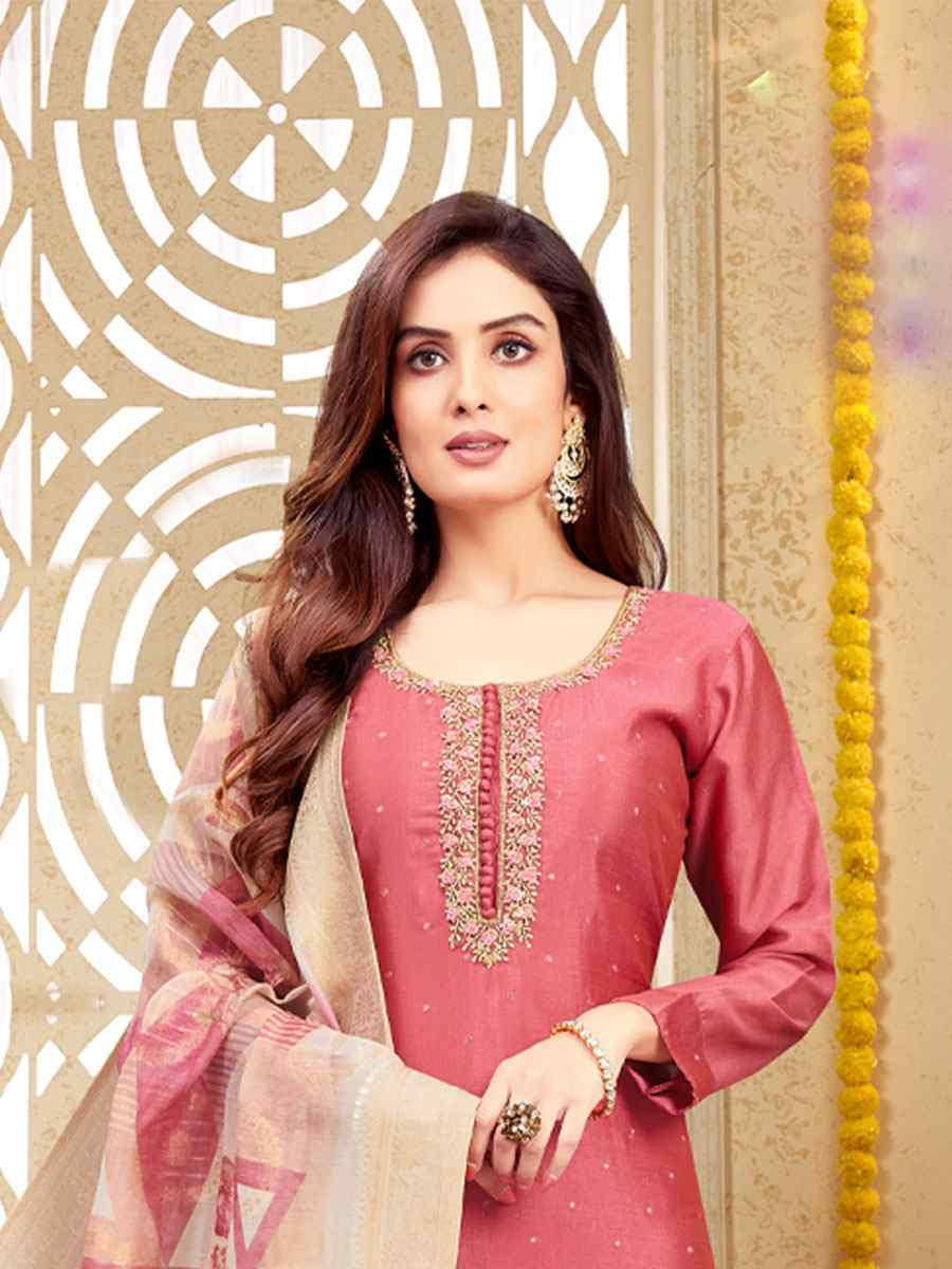 Peach Silk Embroidery Party Wedding Festival Casual Ready Pant Salwar Kameez