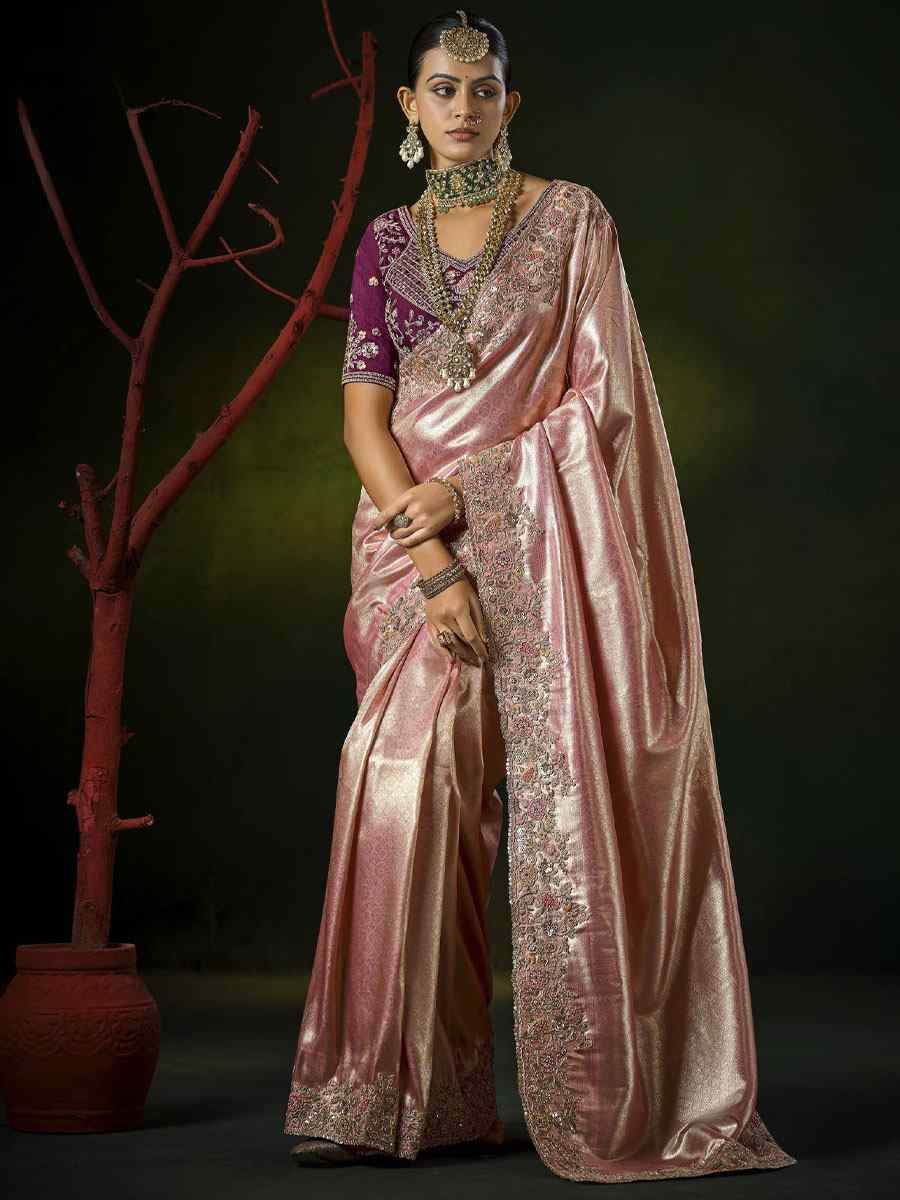 Peach Silk Embroidery Traditional Bridal Reception Festival Wedding Fancy Heavy Border Saree