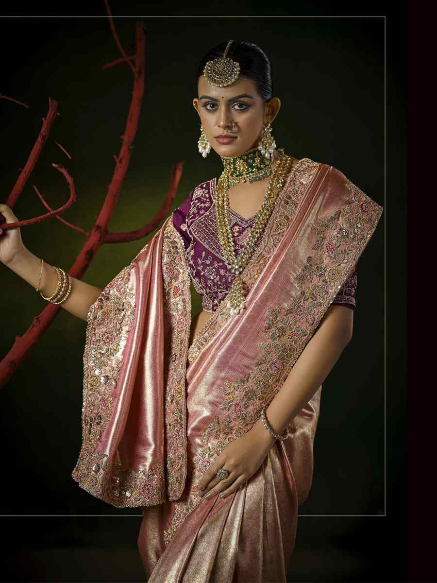 Peach Silk Embroidery Traditional Bridal Reception Festival Wedding Fancy Heavy Border Saree