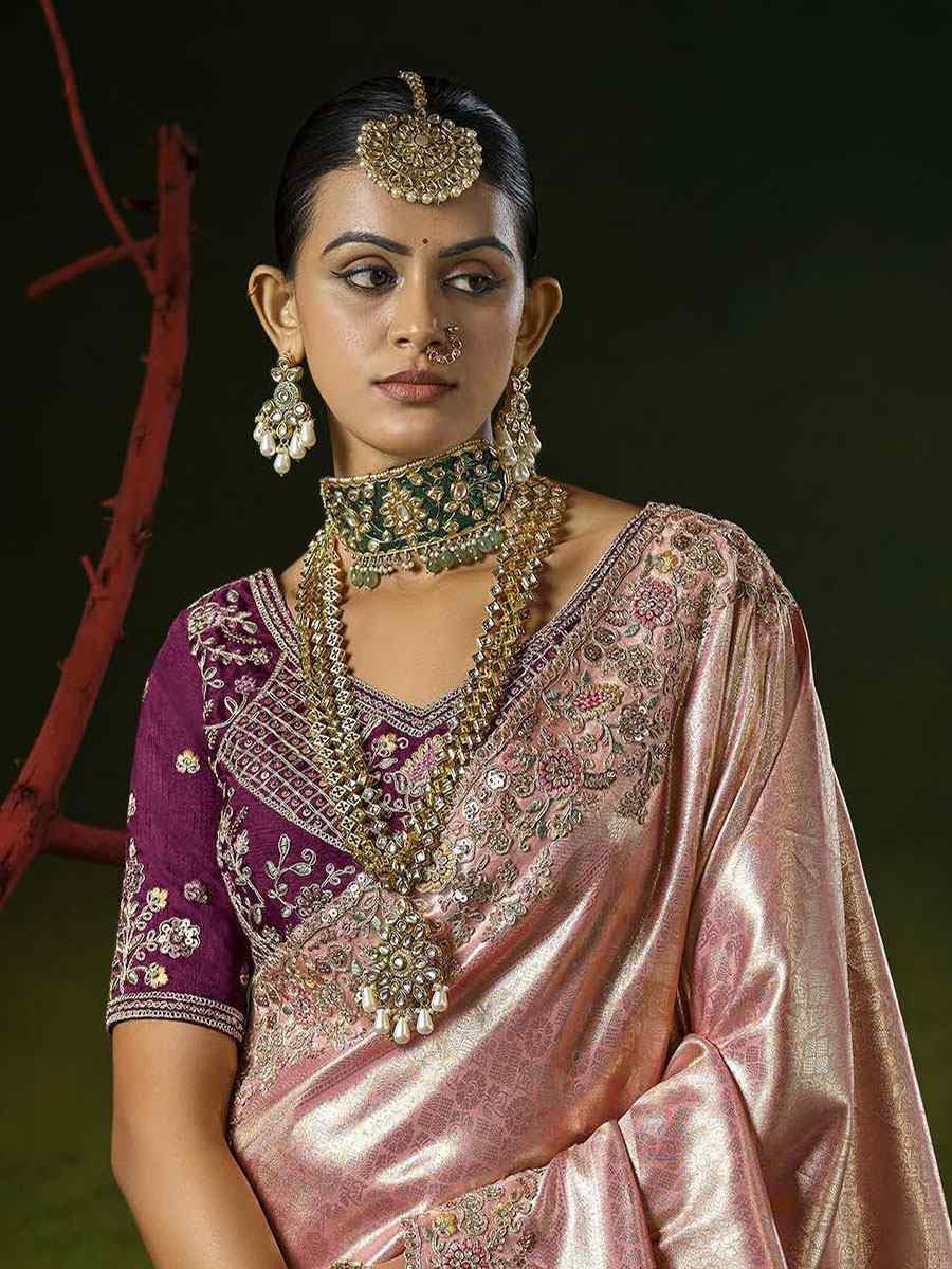 Peach Silk Embroidery Traditional Bridal Reception Festival Wedding Fancy Heavy Border Saree