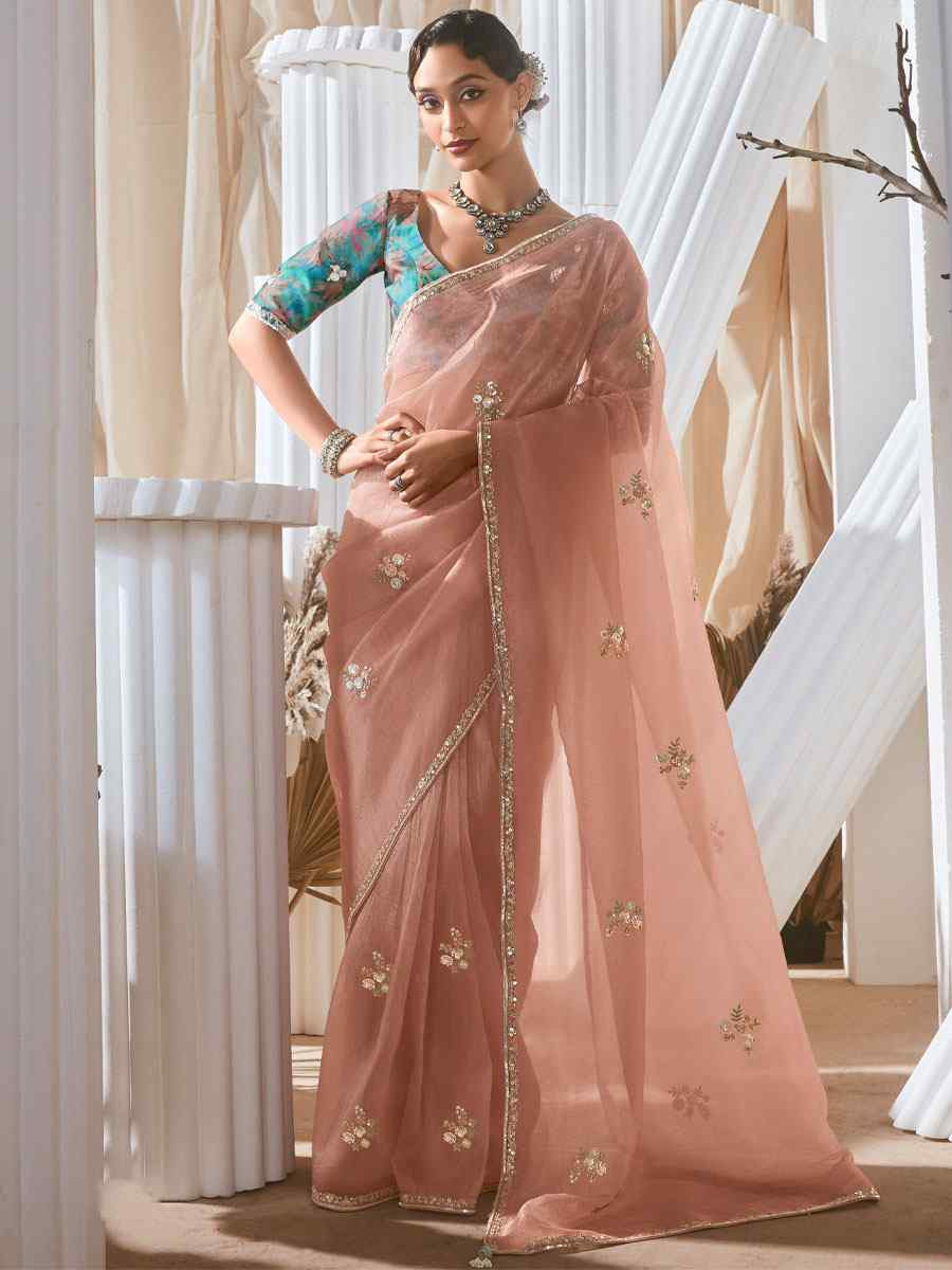 Peach Silk Embroidery Traditional Bridal Reception Festival Wedding Fancy Heavy Border Saree