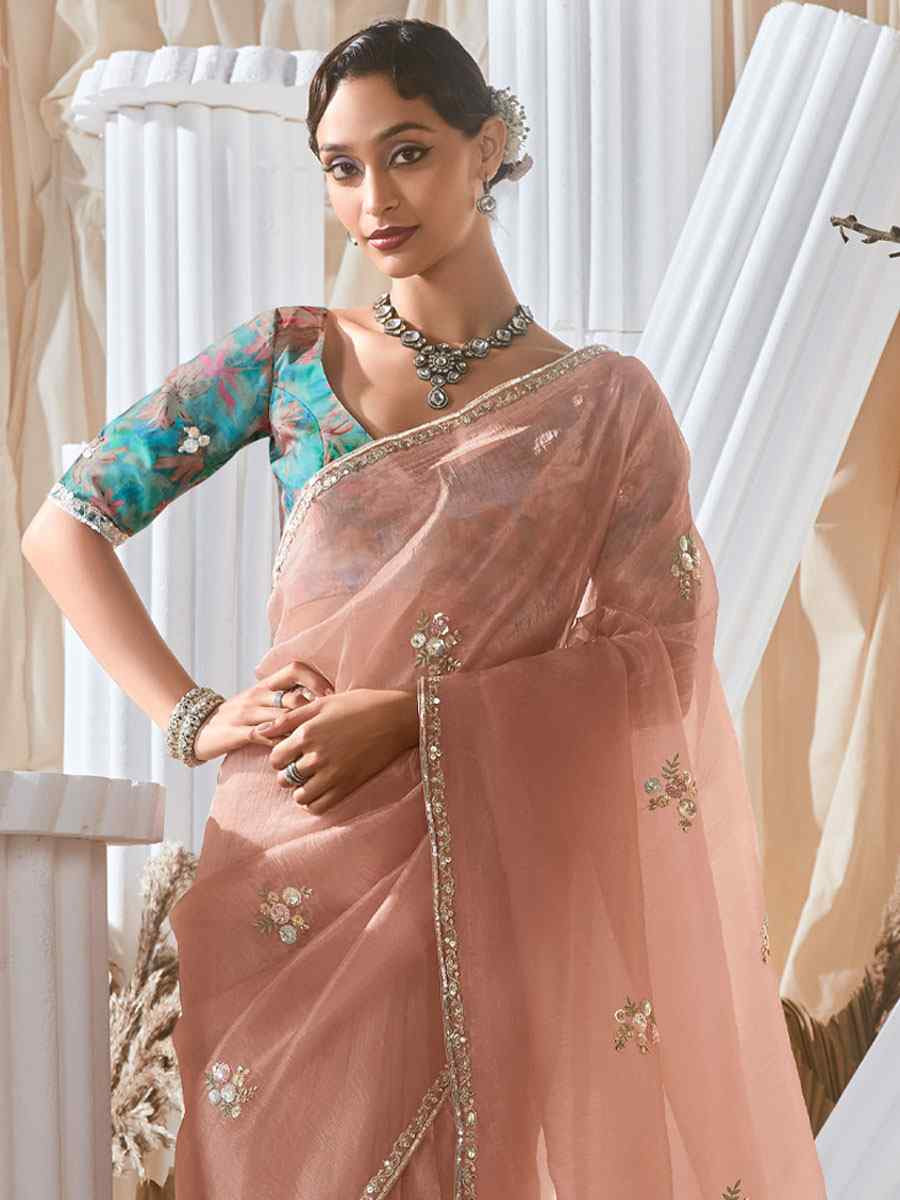 Peach Silk Embroidery Traditional Bridal Reception Festival Wedding Fancy Heavy Border Saree