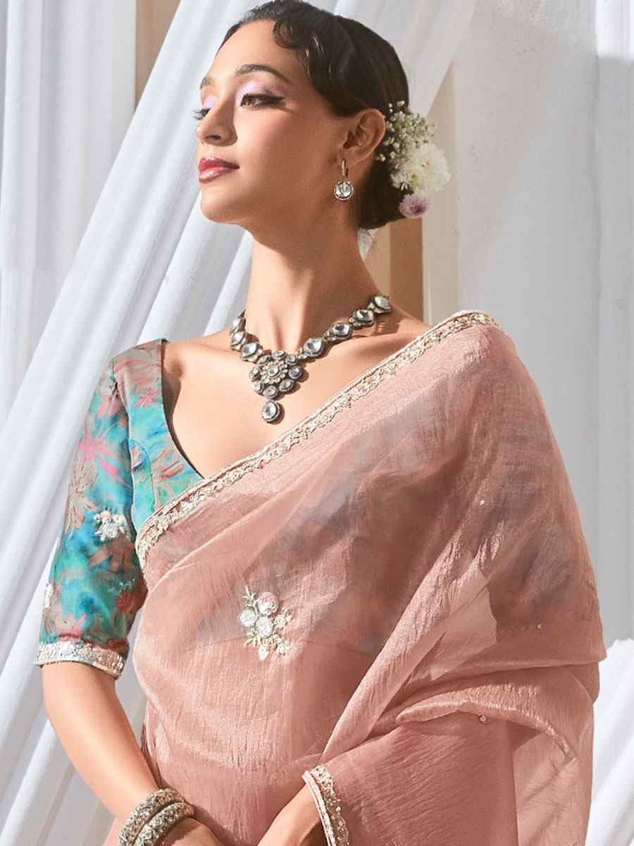Peach Silk Embroidery Traditional Bridal Reception Festival Wedding Fancy Heavy Border Saree