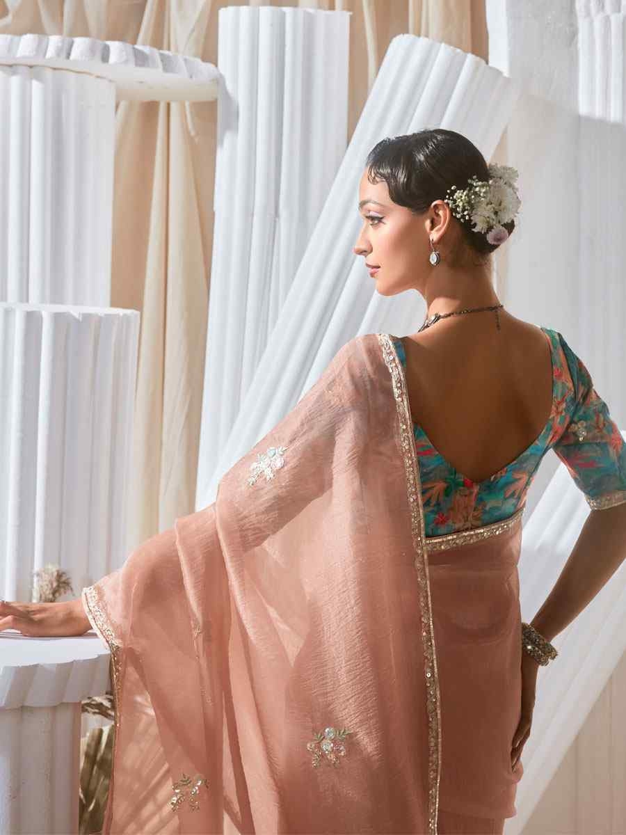 Peach Silk Embroidery Traditional Bridal Reception Festival Wedding Fancy Heavy Border Saree