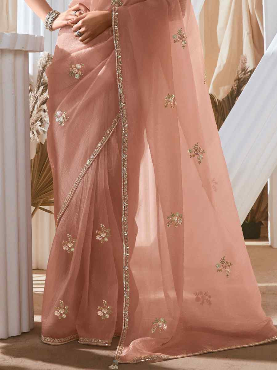 Peach Silk Embroidery Traditional Bridal Reception Festival Wedding Fancy Heavy Border Saree
