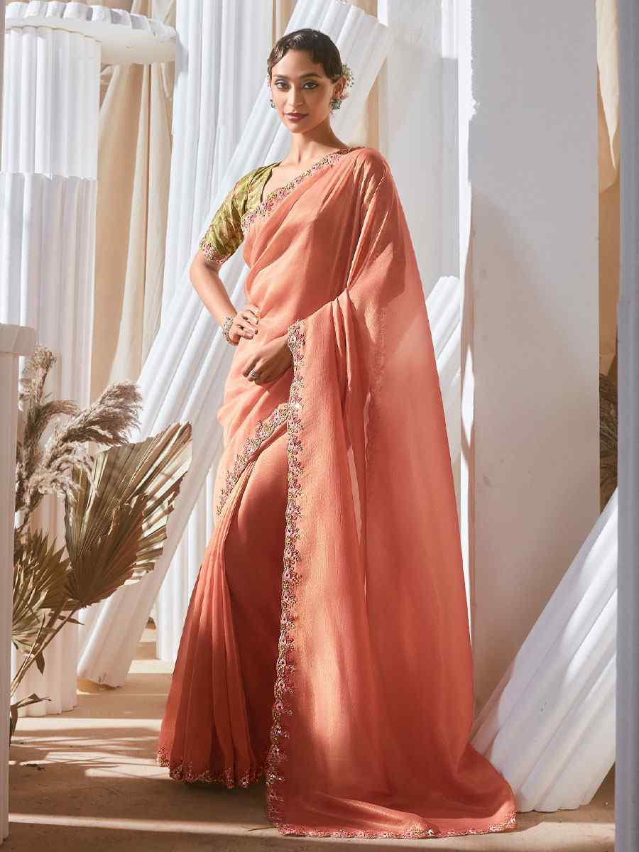 Peach Silk Embroidery Traditional Bridal Reception Festival Wedding Fancy Heavy Border Saree