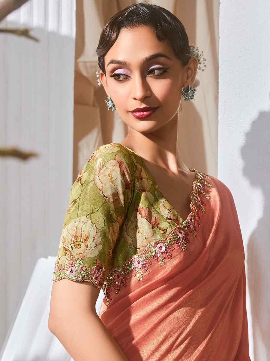 Peach Silk Embroidery Traditional Bridal Reception Festival Wedding Fancy Heavy Border Saree