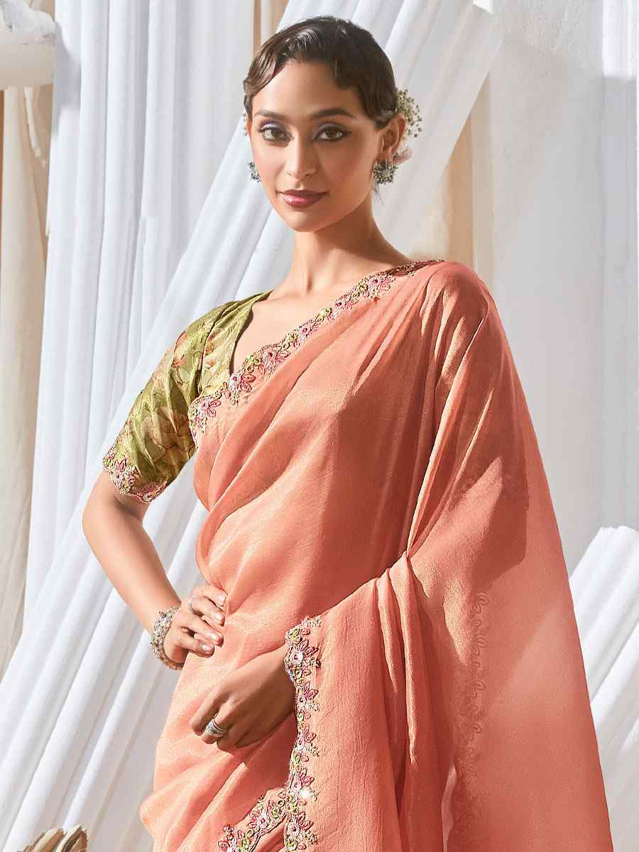 Peach Silk Embroidery Traditional Bridal Reception Festival Wedding Fancy Heavy Border Saree