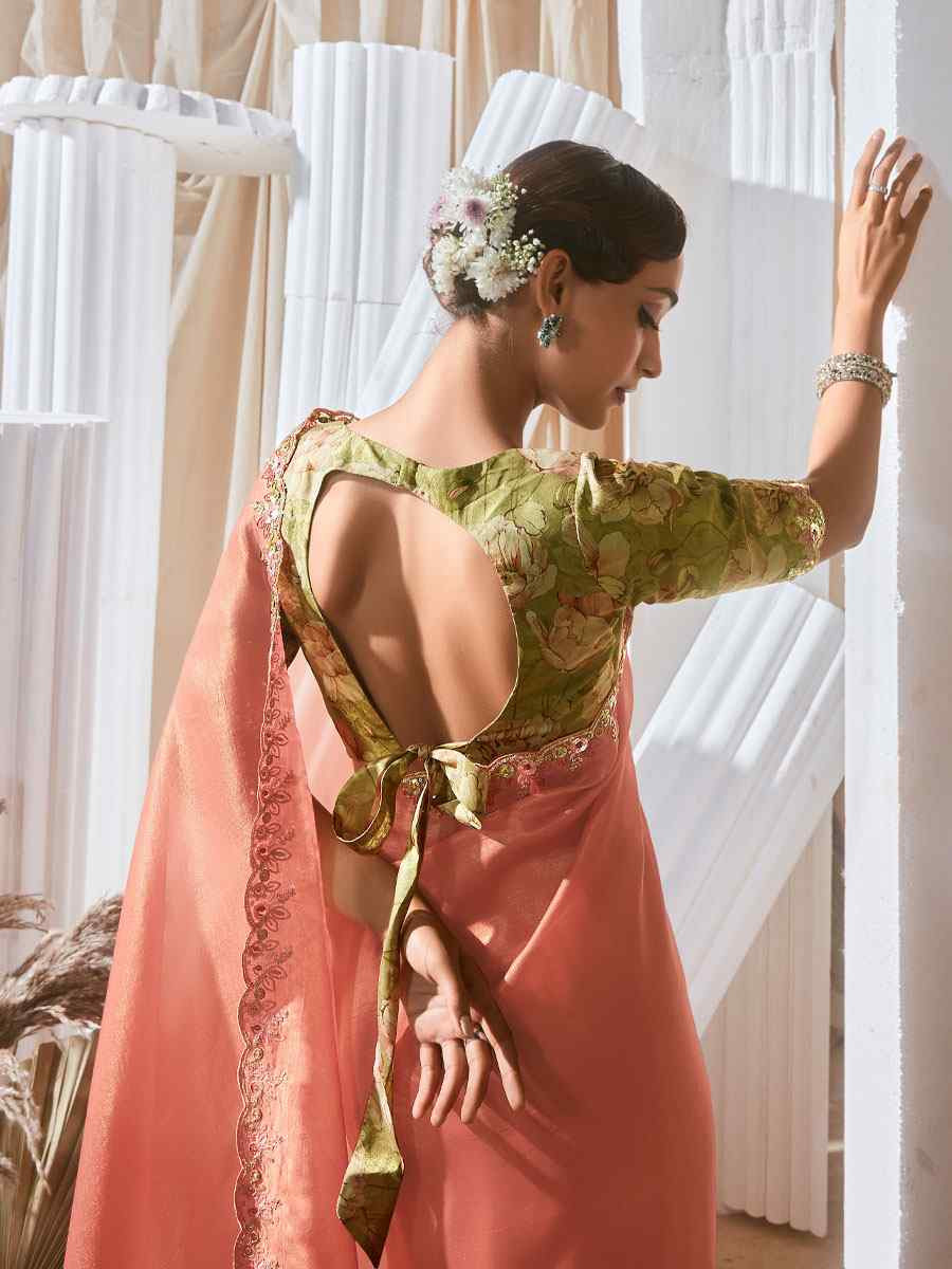 Peach Silk Embroidery Traditional Bridal Reception Festival Wedding Fancy Heavy Border Saree