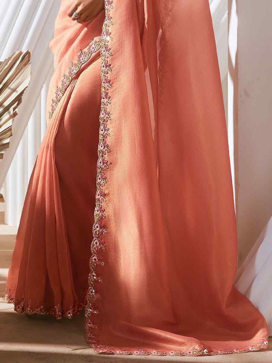 Peach Silk Embroidery Traditional Bridal Reception Festival Wedding Fancy Heavy Border Saree