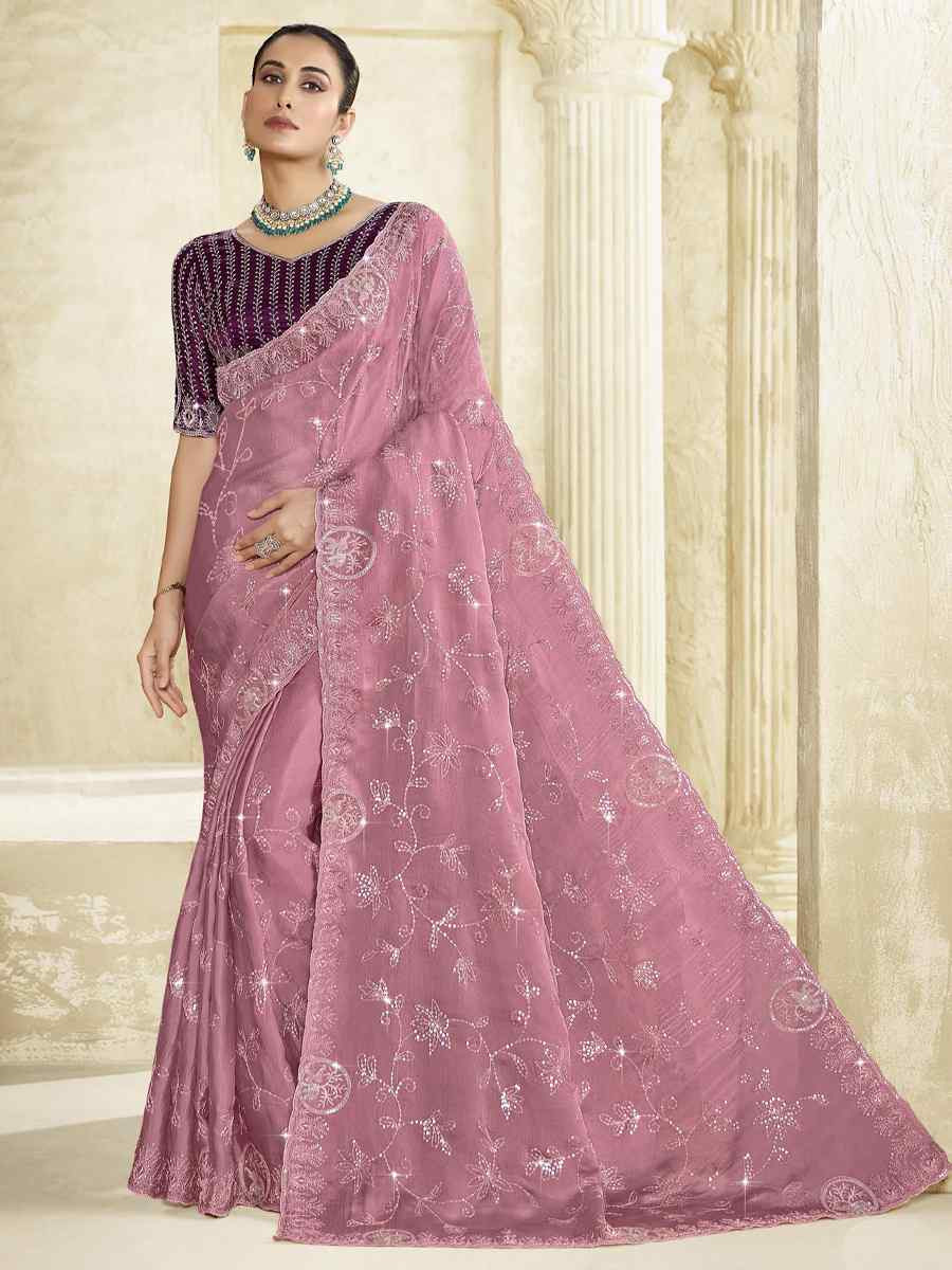 Peach Silk Embroidery Traditional Bridal Reception Festival Wedding Fancy Heavy Border Saree