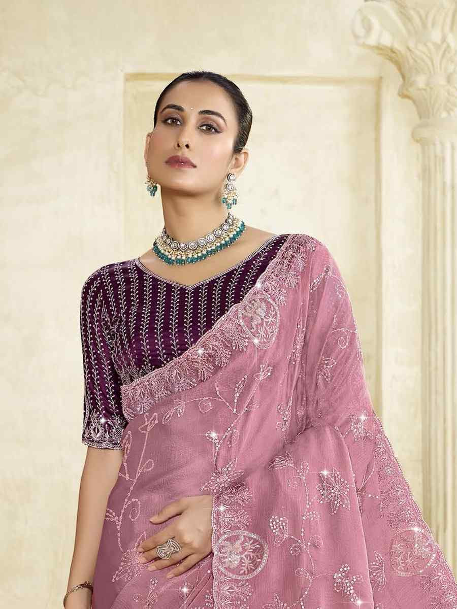 Peach Silk Embroidery Traditional Bridal Reception Festival Wedding Fancy Heavy Border Saree