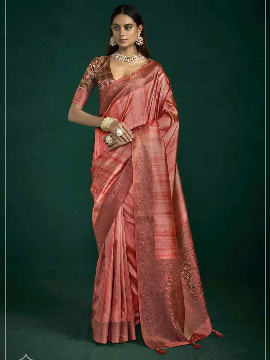 Peach Silk Handwoven Bridal Reception Festival Wedding Fancy Heavy Border Saree
