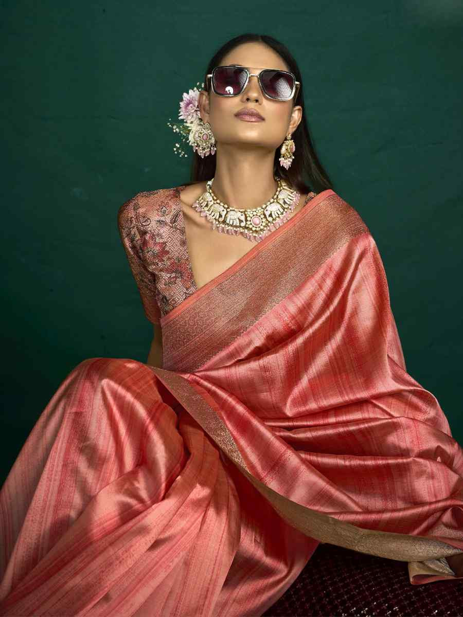 Peach Silk Handwoven Bridal Reception Festival Wedding Fancy Heavy Border Saree