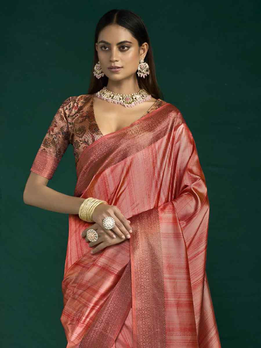 Peach Silk Handwoven Bridal Reception Festival Wedding Fancy Heavy Border Saree