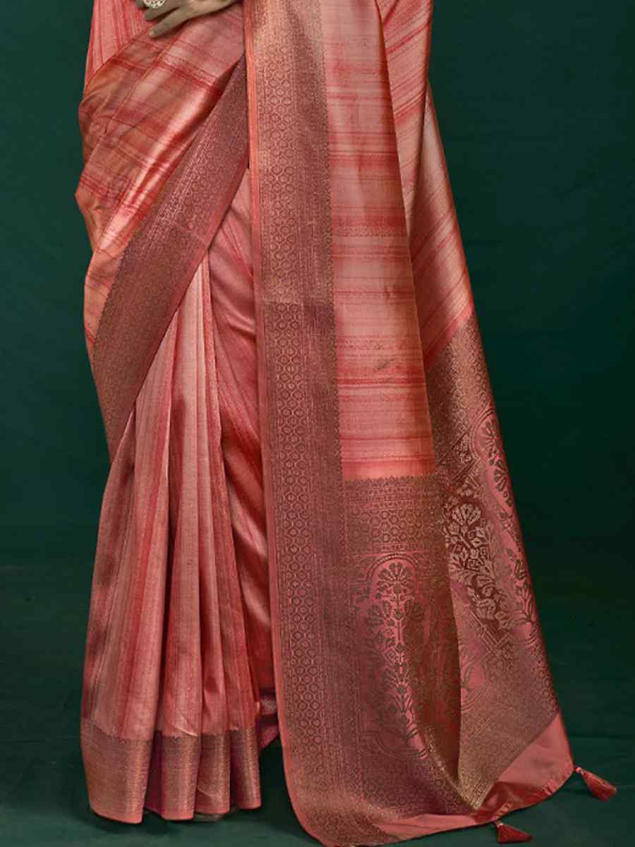 Peach Silk Handwoven Bridal Reception Festival Wedding Fancy Heavy Border Saree