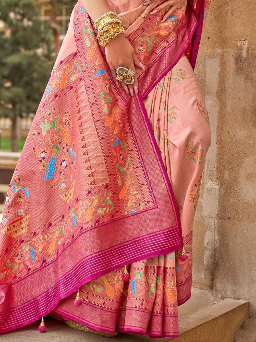 Peach Silk Handwoven Casual Festival Classic Style Saree