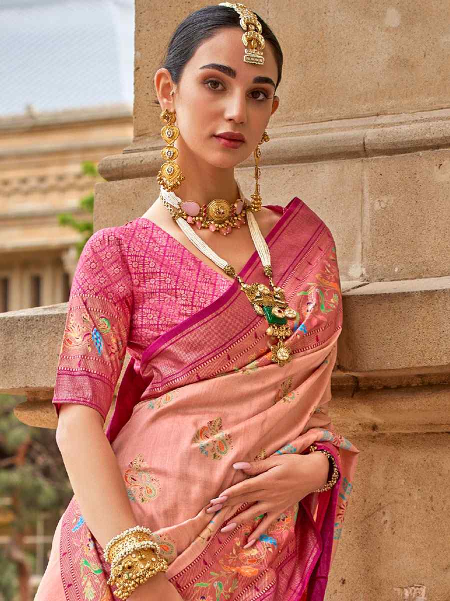 Peach Silk Handwoven Casual Festival Classic Style Saree