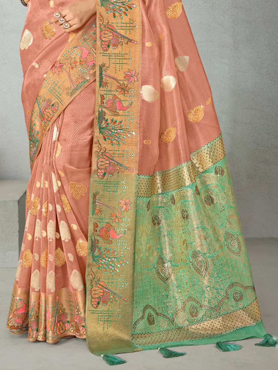 Peach Silk Handwoven Festival Wedding Heavy Border Saree