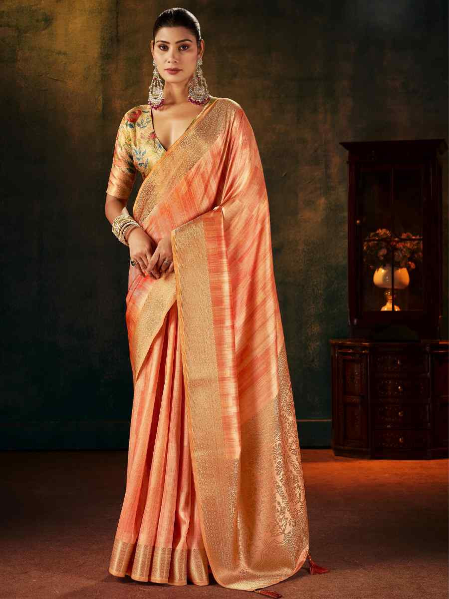 Peach Silk Handwoven Traditional Bridal Reception Festival Wedding Fancy Heavy Border Sarees