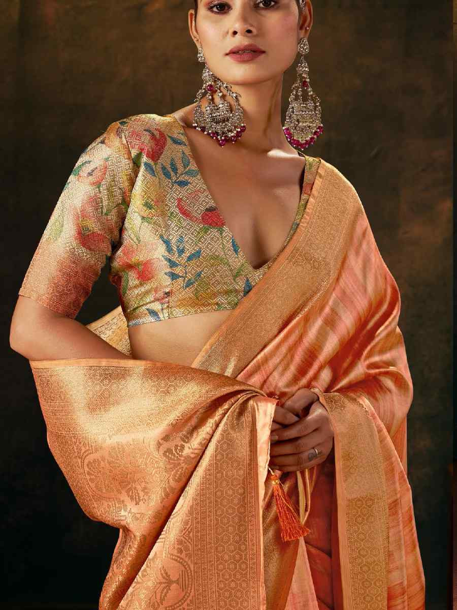 Peach Silk Handwoven Traditional Bridal Reception Festival Wedding Fancy Heavy Border Sarees