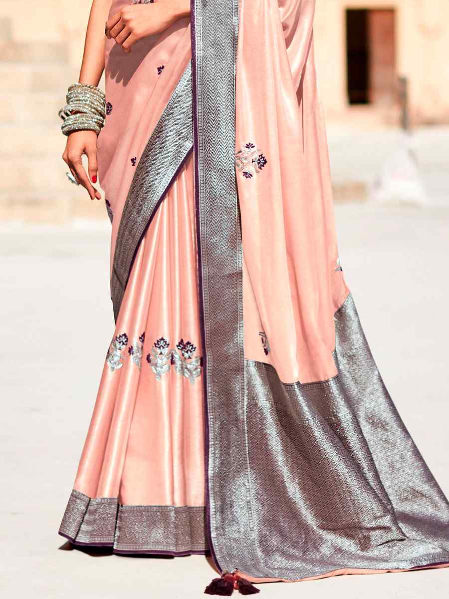 Peach Silk Handwoven Wedding Festival Heavy Border Saree