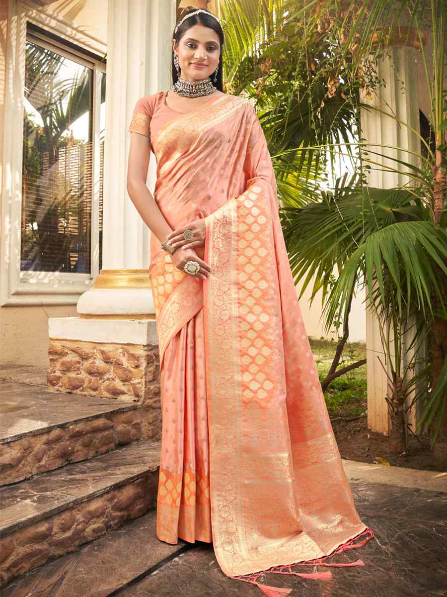 Peach Silk Handwoven Wedding Festival Heavy Border Saree