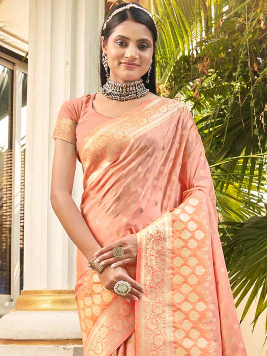 Peach Silk Handwoven Wedding Festival Heavy Border Saree