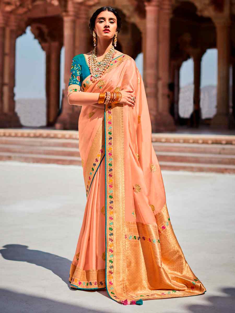Peach Silk Handwoven Wedding Festival Heavy Border Saree