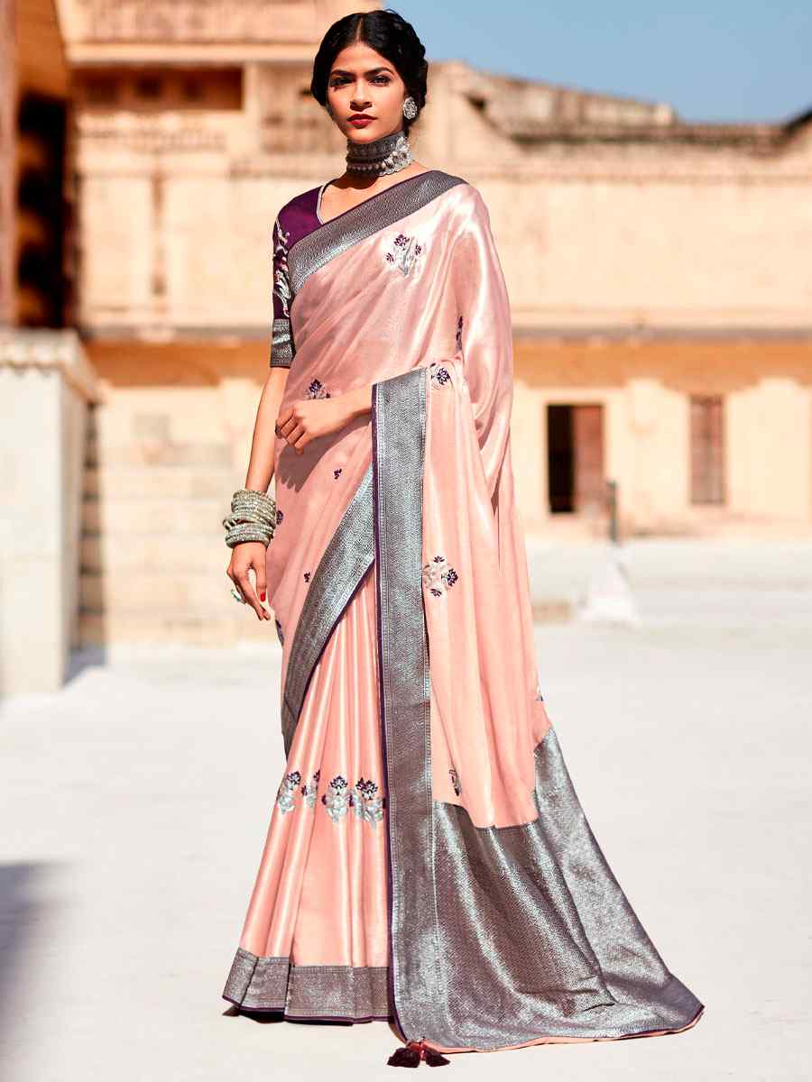 Peach Silk Handwoven Wedding Festival Heavy Border Saree