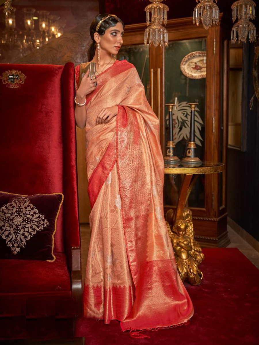 Peach Silk Handwoven Wedding Festival Heavy Border Saree